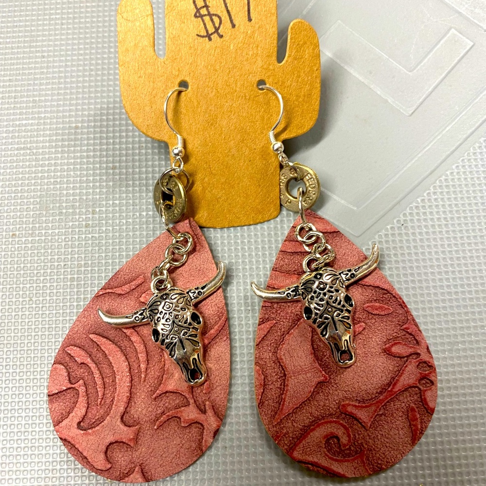 Faux leather steer head bullet earrings